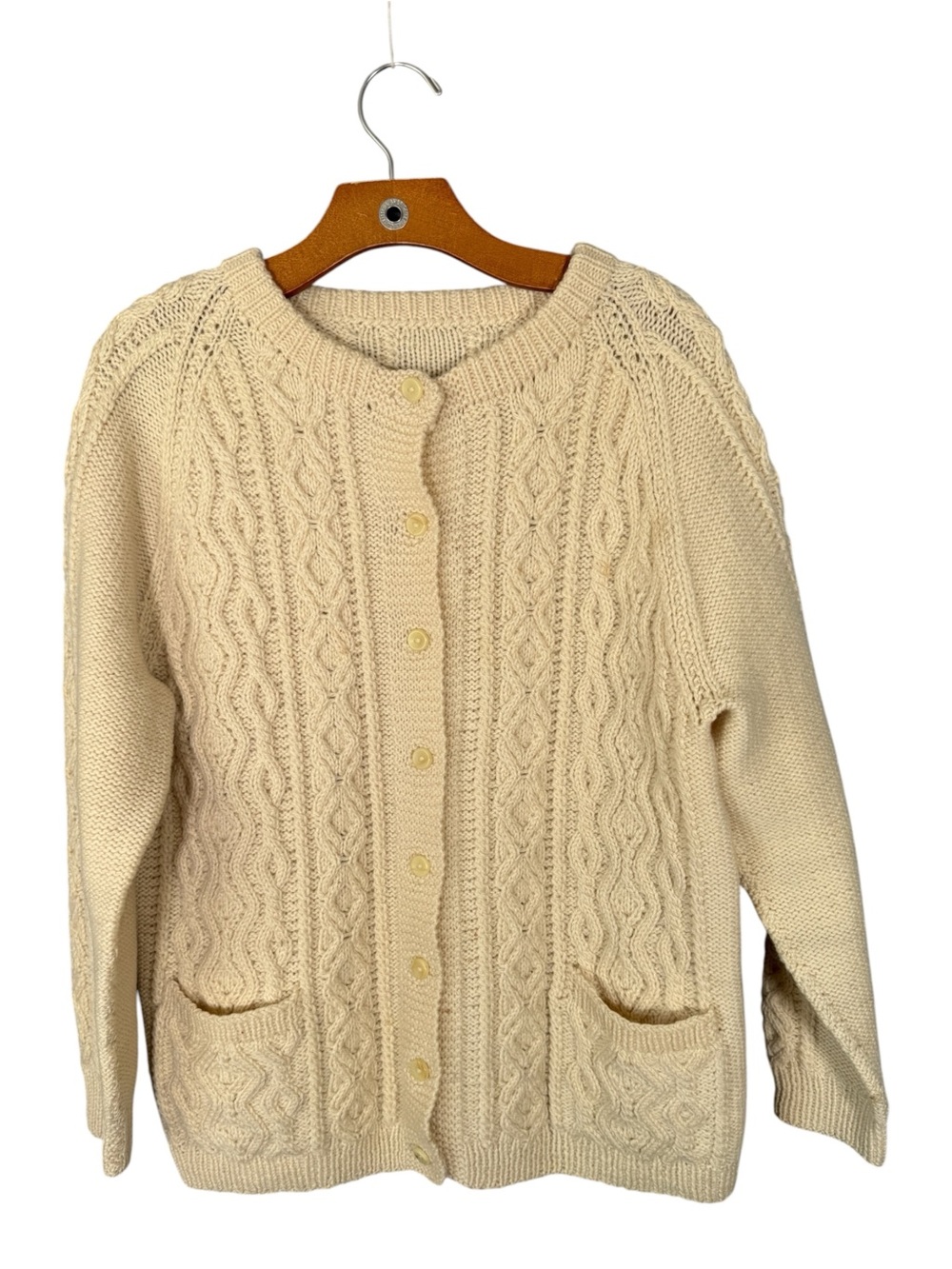 Vintage Cream Wool Fisherman Cardigan Sweater Coastal Cable Knit M
